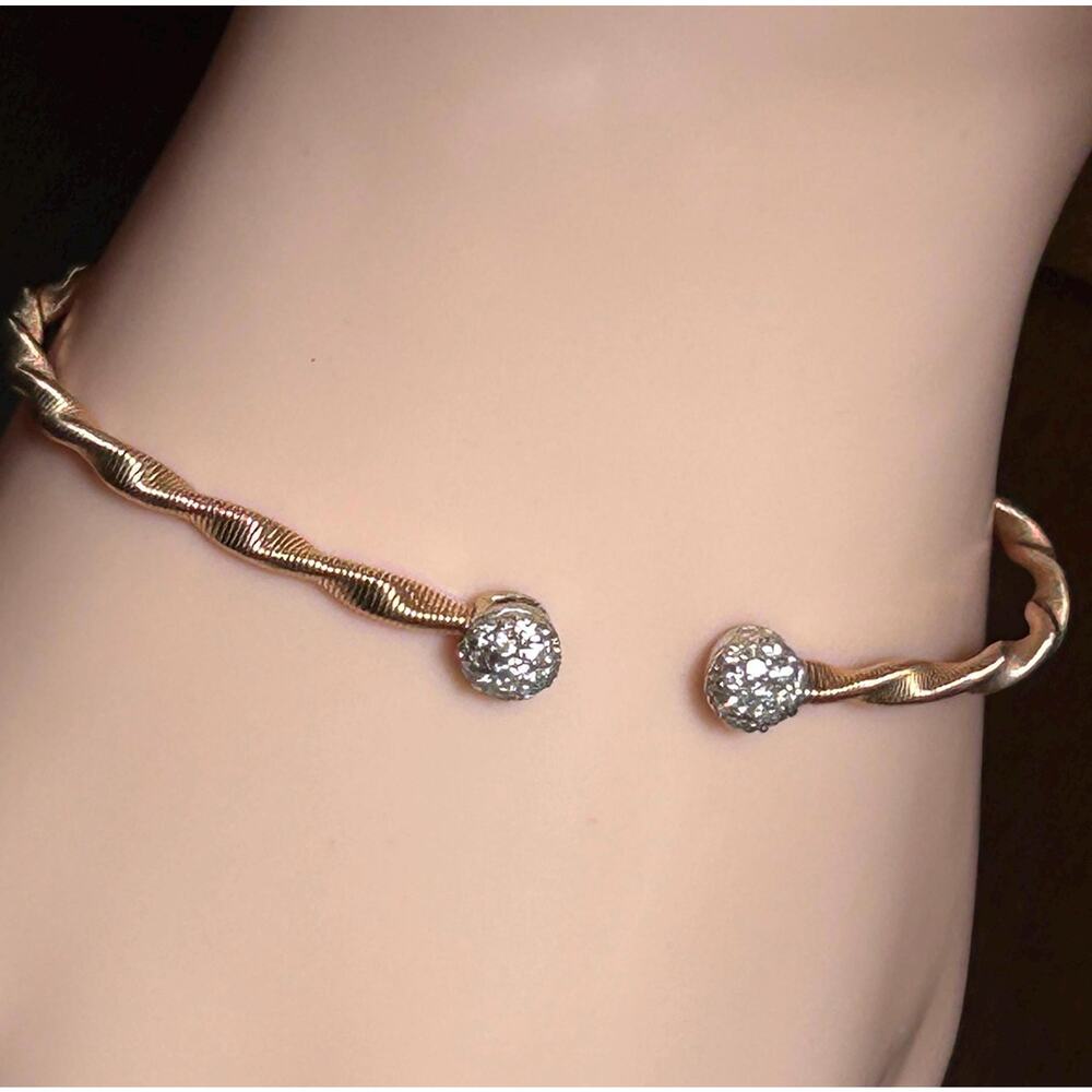 Elegant 14k solid rose gold white gold diamond accented twisted bangle bracelet